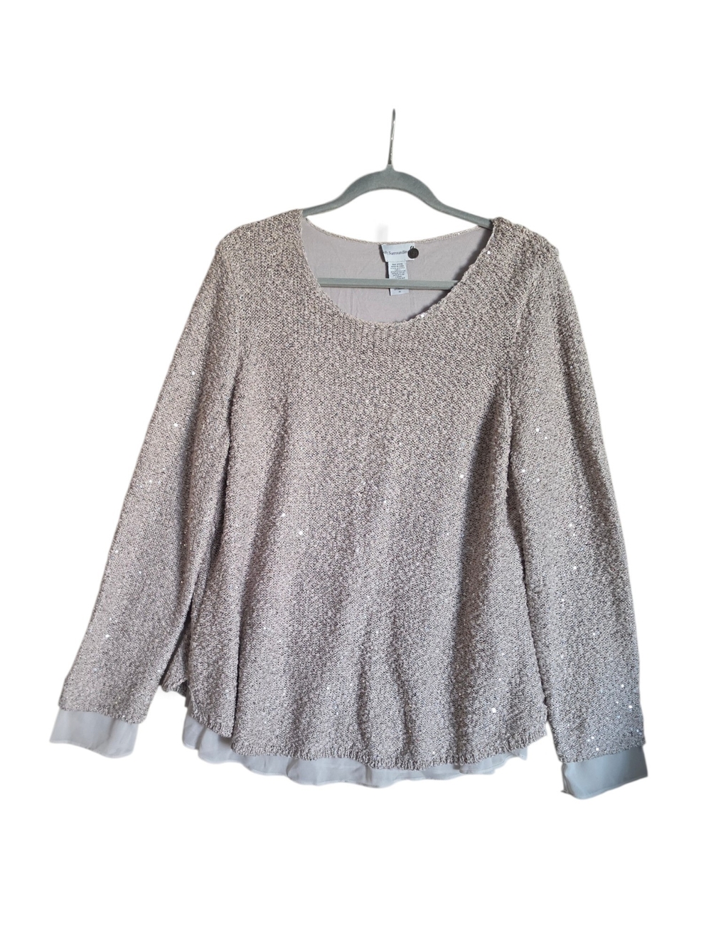 Soft Surroundings Sequin Scoop-Neck Long Sleeve Top - Light Beige